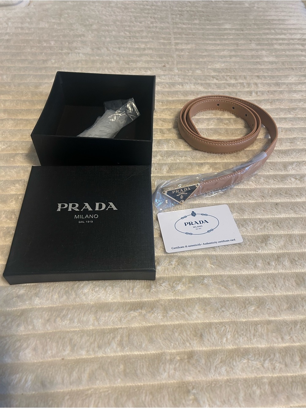 Prada Narrow Beige Leather Belt with Triangle Logo Plaque